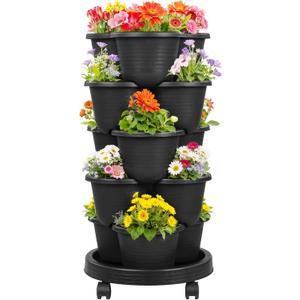 VECELO 5 Tier Vertical Garden Planter, Self Watering Stackable Planters with Wheels for Strawberries, Herbs, Flowers, Vegetables, Black