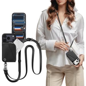 MAGEASY Compatible with iPhone 17 Pro 6.3" Wallet Case with Crossbody Strap - Coin Purse & Card Slot, with Leather Crossbody Lanyard, 16ft Ultimate Drop Protection | Pouch (Black)