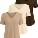 Ficerd 3 Pack Women's V Neck T-Shirts Short Sleeve Tunic Tops Casual Summer Curved Hem Tees Loose Fit Solid Basic Tshirt 2026, M