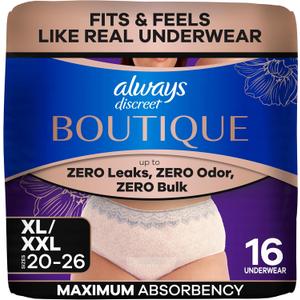 Always Discreet Boutique Black, Reimagined Adult Diapers for Women, Maximum Absorbency Incontinence and Postpartum Underwear Size XL/XXL, Fits and Feels Like Real Underwear, 16 Count (Rosy)