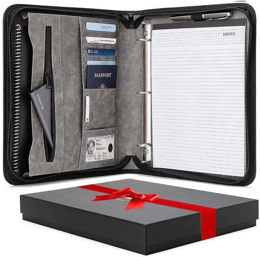 Padfolio Binder - Professional Faux Leather Travel Organizer Pouch for Tablet, Documents, Presentation Folders, Zipper Closure, Detachable 3-Ring Notepad - Gray (1-inch Rings)