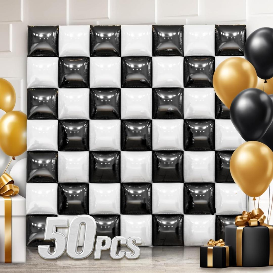 50 PCS Black and White Square Foil Balloon Wall, 19'' Double Sided Checkered Balloon Tunnel Arch Kit for Checkerboard Racing Themed Birthday Party, Bachelorette, Decoration