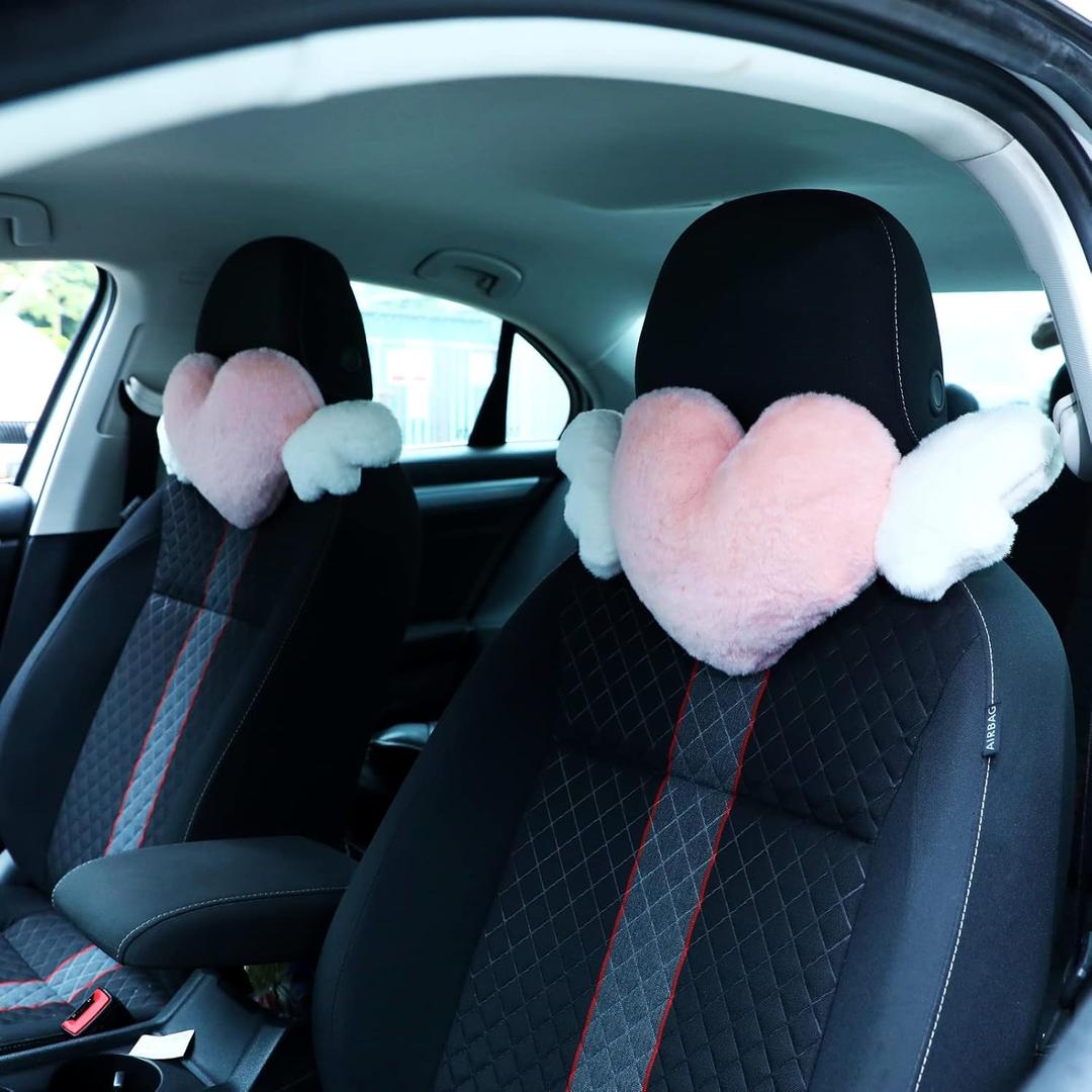 Macarrie 2 Pcs Plush Heart Shaped Pillow with Angel Wings Car Headrest Soft Comfortable Seat Pillow for Driving Travelling Room Office Car Decor, 19.7 x 8.3 Inch (White, Pink)
