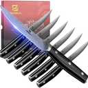 Piklohas Steak Knives Set of 6, 4.5 Inch Non Serrated Dinner Knife, Forged German Steel Damascus Pattern Straight Edge Meat Knife with Full Tang Handle, Dishwasher Safe, Ideal for Gift