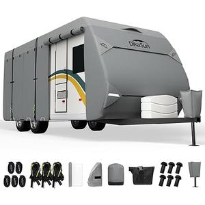 Travel Trailer RV Cover 30-33 FT, 7 Layers Top Waterproof Camper Cover, Heavy Duty Toy Hauler RV Cover for Winter Snow with Tongue Jack Cover, Gutter Covers