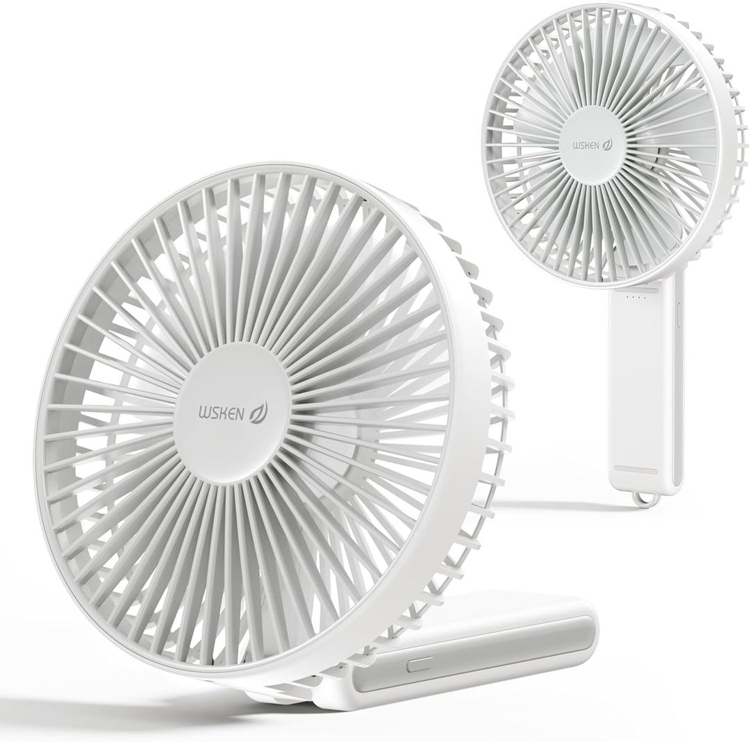 WSKEN Desk Fan Small Quiet - 180 Foldable Portable Fan with Battery Operated, 6 Inch Rechargeable Handheld Fan, 20H Max Cooling Time, 4-Speed, Travel Essential for Outdoor, Office, Gift, White
