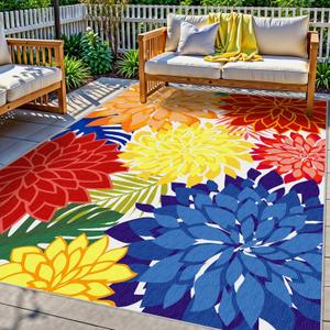 Colorful 5x8 Outdoor Area Rug Washable Multicolored Patio Rug Tropical Botanical Floral Chenille Waterproof Outdoor Carpet for Living Room, Deck, Backyard, Porch, Rainbow