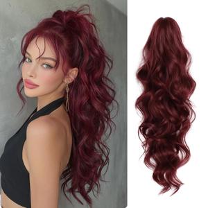 26 Inch Long Red Ponytail Extension, Claw Clip on Ponytails for Women, Natural Soft Wavy Curly Synthetic Drawstring Pony Tails Hair Extensions, Lightweight Fake Hairpiece Burgundy