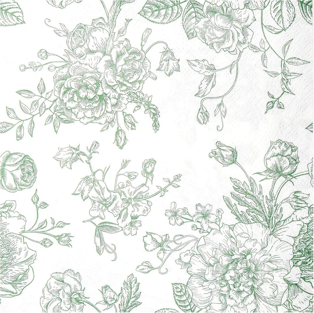 100 Floral Cocktail Napkins Sage Green White Toile Disposable Paper Napkins 5 Inch Vintage Flower Bouquet Party Napkin for Bridal Baby Shower Spring Summer Tea Party Supplies