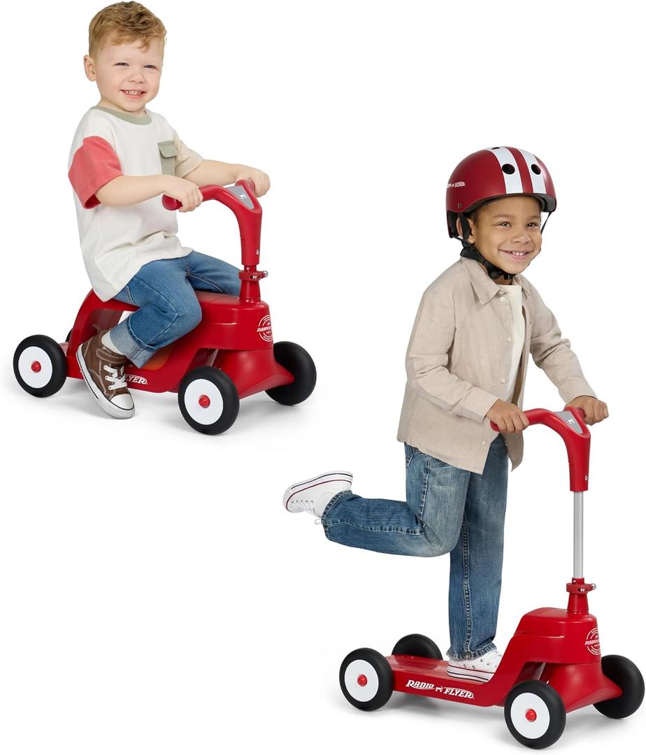 Radio Flyer Scoot 2 Scooter, Blue/Red/Pink, for Kids Ages 1-4, Ride On Toy or 4-Wheel Kids Scooter, Durable Wheels and Frame, Converts Easily with Flip Deck, Toddler Ride On Toys 