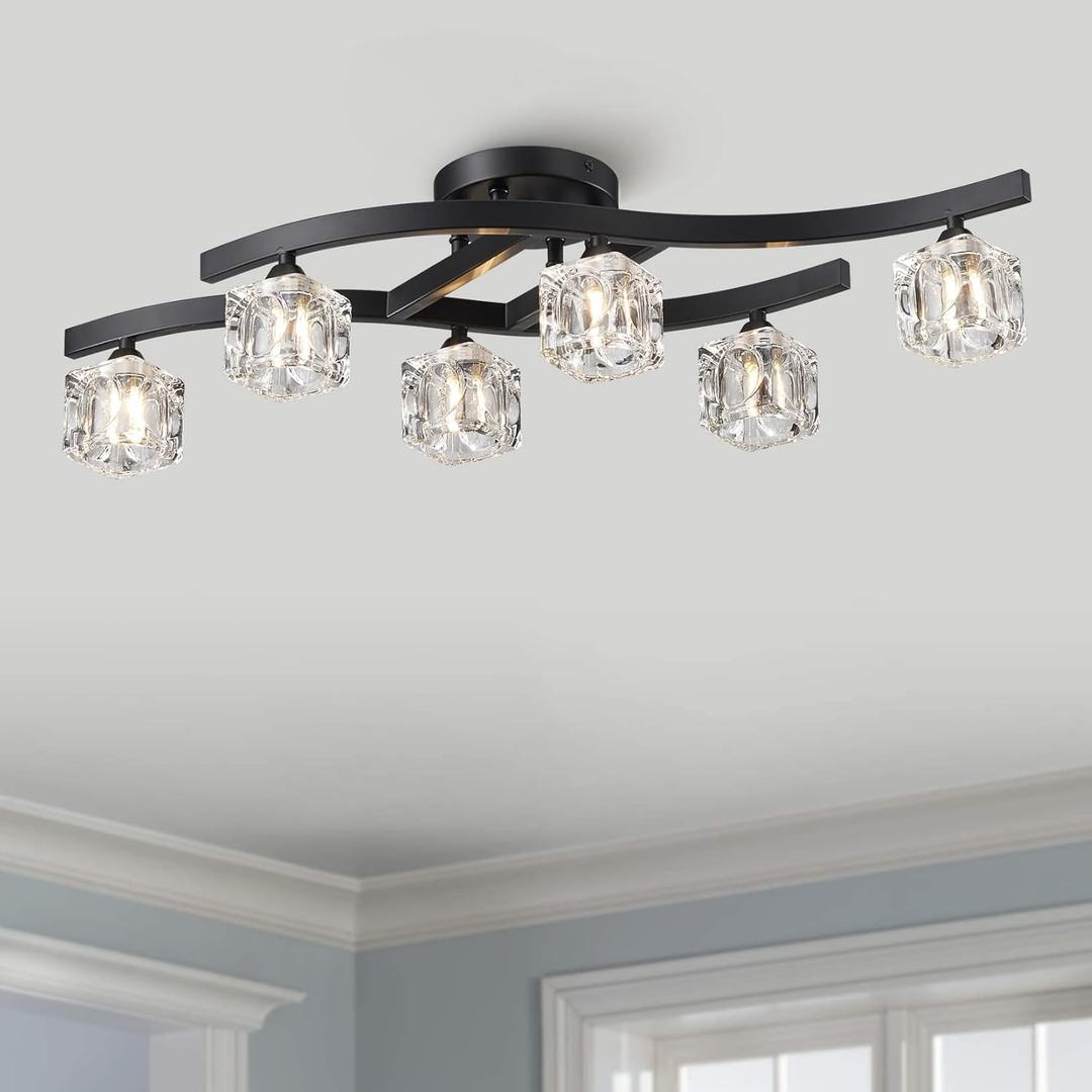 Bestier Modern Elegant Glass Crystal Ceiling Light Chandelier 6 Light Black Flushmount Lighting Fixture L 30.5in W 10in H 7.5in