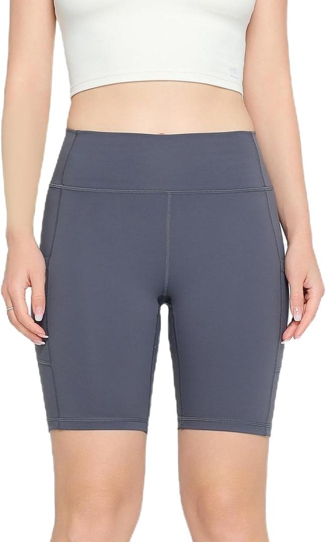 High Waist 8" Biker Shorts with Pockets Yoga Shorts for Women Gym Fitness Running Shorts for Athletic Workout (Gray, M)