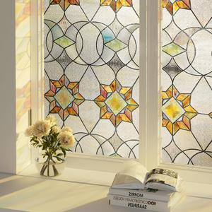 Oxdigi 3D Stained Glass Window Film - Static Cling Privacy Protection & UV Blocking, Floral Geometry Pattern 35.4x78.7 (No Residue, Reusable)