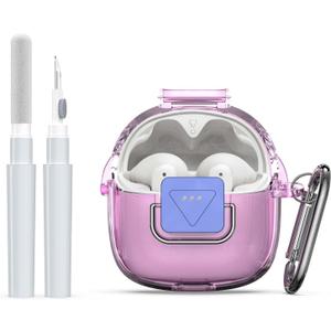 Upgrade Secure Lock for JBL Tune Flex 2 Case Cover with Cleaner kit, Clear TPU Protective Cover with JBL Tune Flex 2 True Wireless Noise Cancelling Earbuds Charging Case with Carabiner-Clear Pink