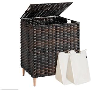 SONGMICS 2-Section Laundry Hamper with Lid, 29 Gal (110L) PE Rattan Laundry Basket with Removable Washable Liners, for Bedroom & Living Room, Chestnut Brown ULCB222ME01