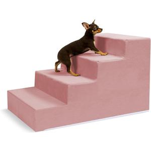 Pet Stairs for Small Dogs & Cats - 3/4/5 Steps, Non-Slip Extra Wide Design, Gentle Angle for Joint Protection, High Density Foam, Washable Cover, Fits Beds & Couches, 4 Steps-Warm Pink