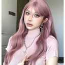 Aadesso Smoky Pink Long Straight Wig 65cm Blunt Bangs Daily Synthetic Hair for Women East Asian Fashion K-pop Style Muted Rose Heat Resistant wig cap (25.6 Inch)