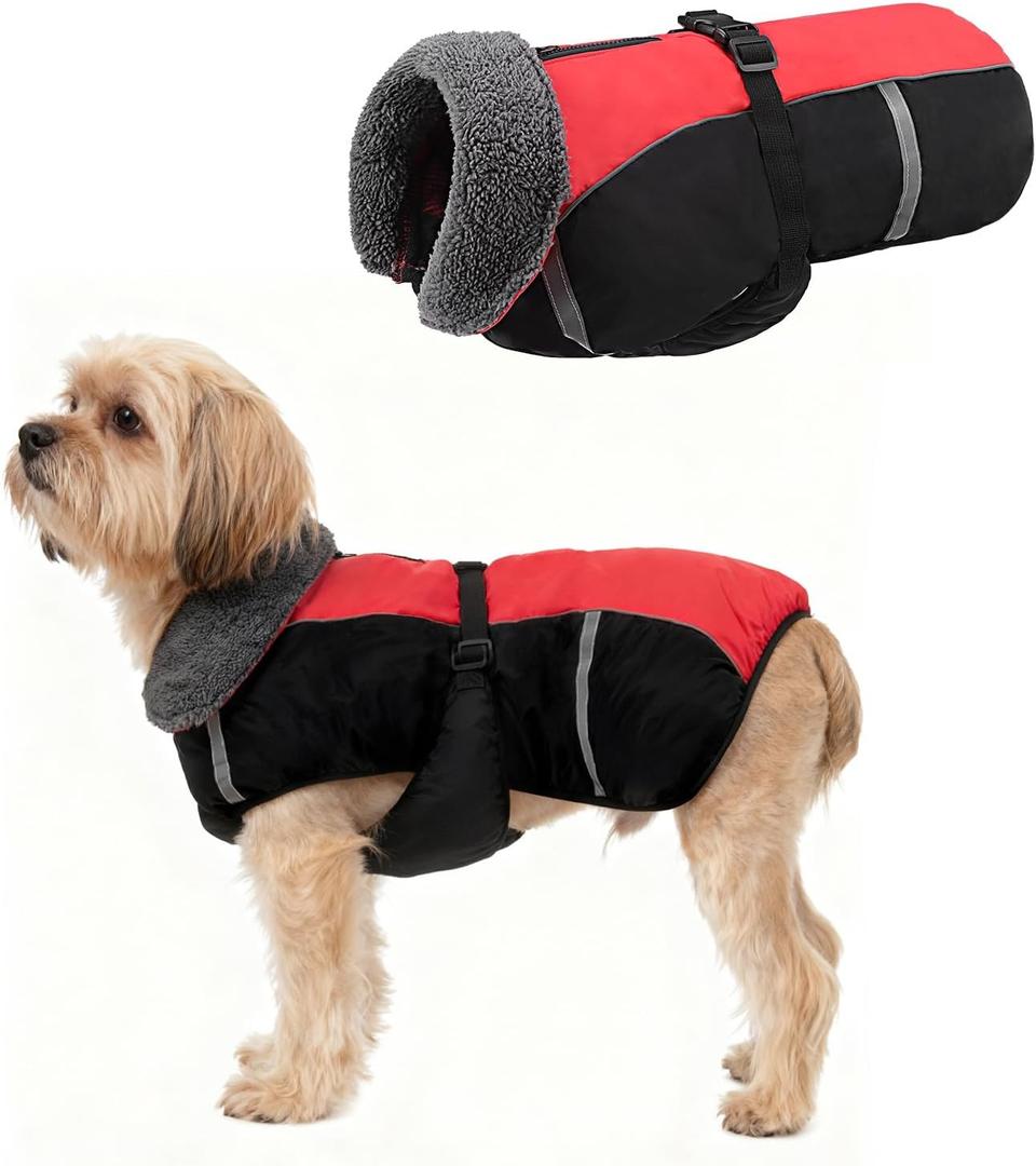SCENEREAL Dog Winter Coat Reflective Jacket, Warm Fleece Turtleneck Windproof Cold Weather Coats with Adjustable Buckle, Pet Vest Snow Clothes for Small Dogs, Red S
