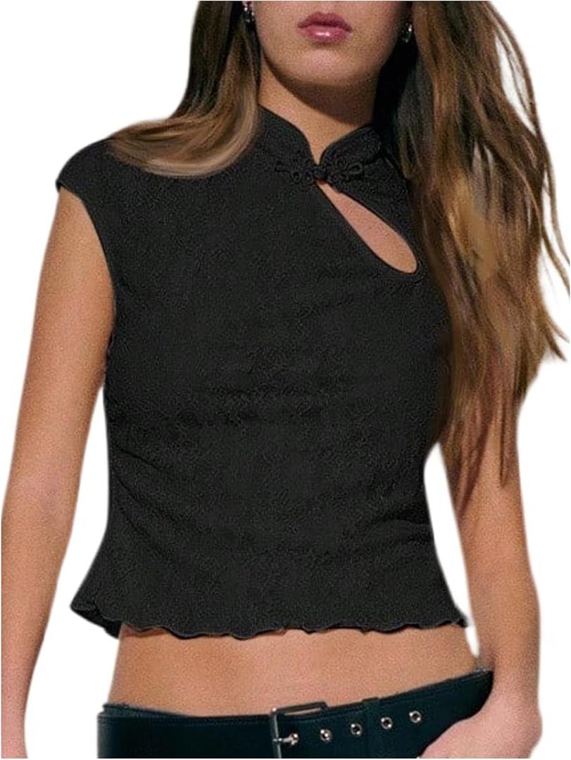 SweatyRocks Women's Floral Lace Cap Sleeve T Shirts Cut Out Mock Neck Fitted Cheongsam Tops (Black, L)