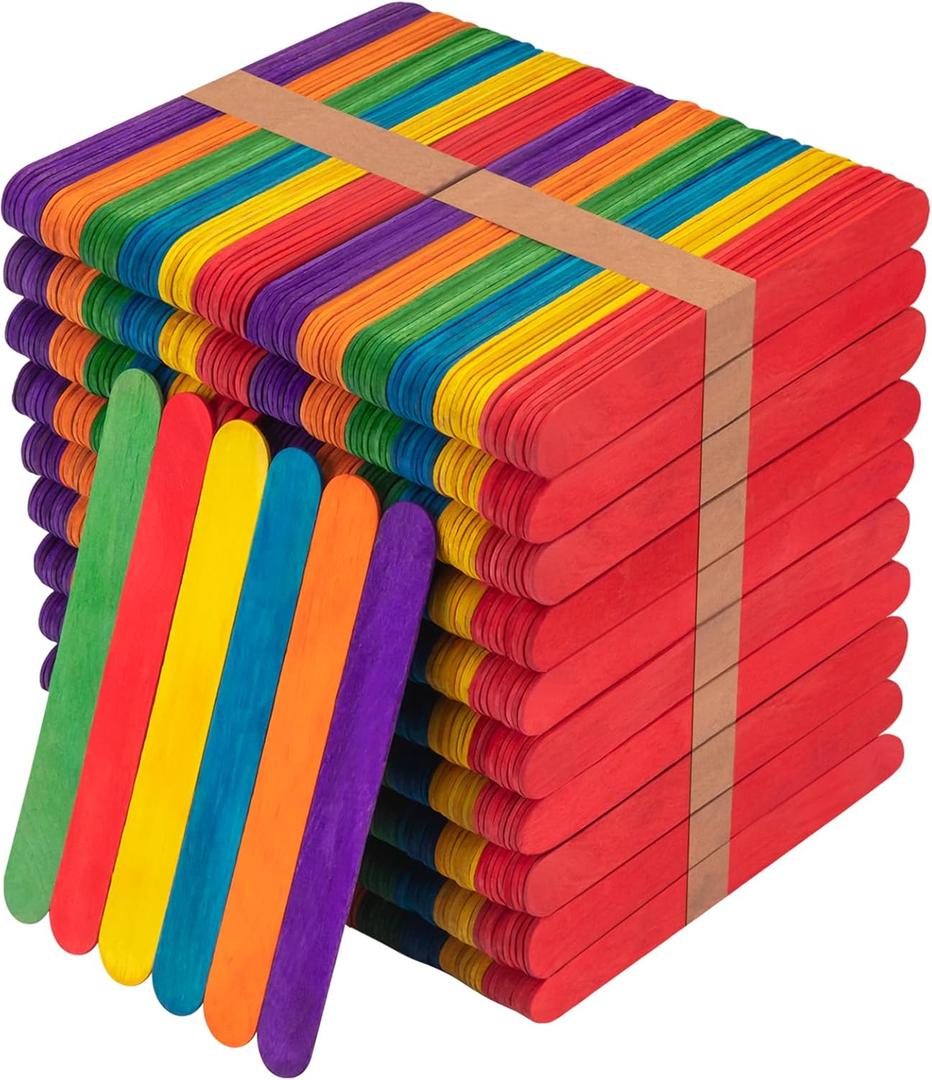 WISYOK 1000 Pcs 6" Colored Jumbo Craft Sticks - Wooden Rainbow Popsicle & Wide Lollipop Sticks, Ideal for DIY Crafts & Children's Education
