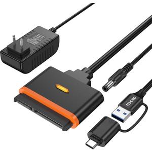 SATA to USB Adapter with Power Supply and USB C Converter, SATA Hard Drive Reader for Internal 2.5'' SSD 3.5'' HDD, up to 20TB, SATA III Support UASP Compatible with Seagate WD Toshiba and More
