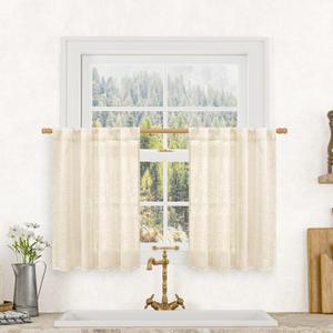 LAMIT Short Window Linen Curtains 36 Inch Length 2 Panels, Beige Light Filtering Panels Back Tab and Rod Pocket Neutral Drapes for Bathroom/Loft Room, 34 x 36 Inch