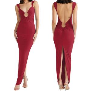 Women Sexy Backless Dress V Neck Sleeveless Open Back Split Maxi Dress Party Cocktail (Large, Red)