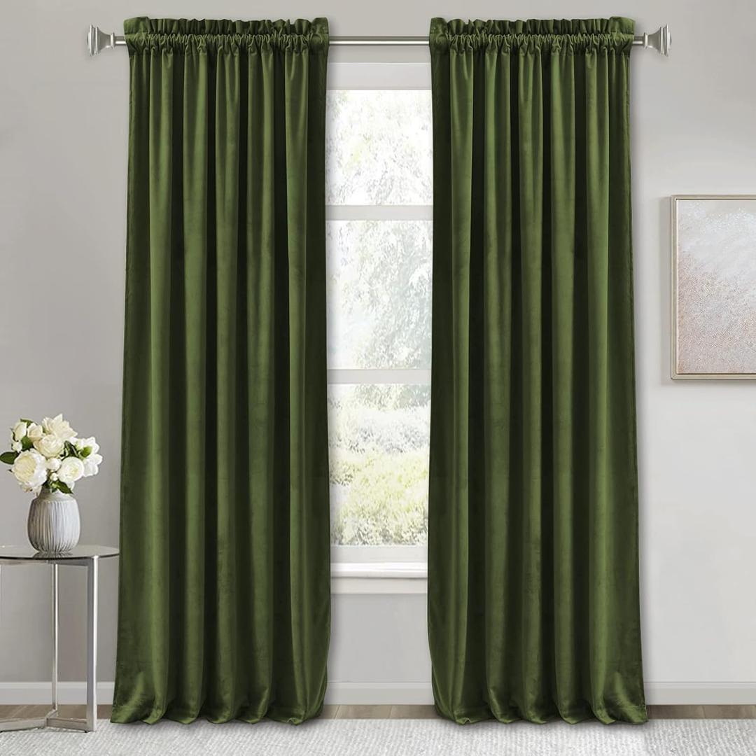 RYB Home Olive Green Velvet Curtains 108 inches 2 Panels Set, Luxury Window Treatment Privacy Thermal Insulated Backdrops for Living Room Bedroom, 52 inch x 108 inches (52"W x 108"L (Pack of 2))