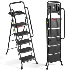 HBTower 5 Step Ladder, Folding Step Ladder with Wide Anti-Slip Pedal & Tool Tray, Step Ladder with Handrails for Home and Kitchen, 330lbs
