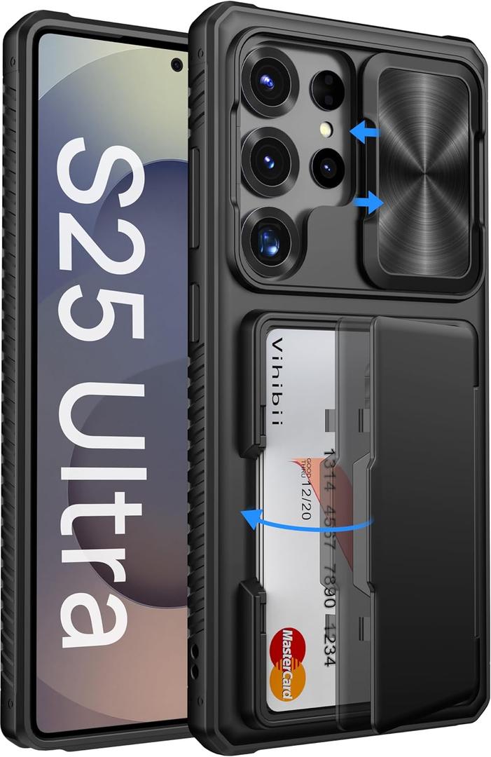 Vihibii for Samsung Galaxy S25 Ultra Case with Card Holder (4 Cards), [RFID Blocking] & Slide Camera Cover & Military Grade Drop Protection, Heavy Duty Wallet Cover for Samsung Galaxy S25 Ultra, Black | with Card Holder, 4 Cards, RFID Blocking, Slide Camera Cover