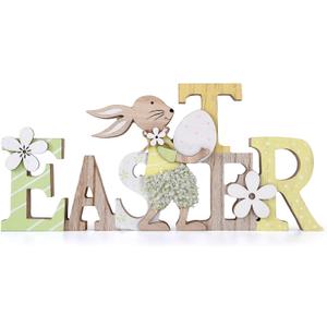 Easter Table Decorations Bunny Tiered Tray Decor Wooden Bunny Block Signs Gifts Happy Easter Centerpiece for Tables Wood Rabbit Tabletop Signs for Kitchen Home Shelf Office Decor (White, yellow)
