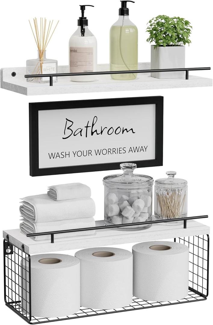 WOPITUES Floating Shelves for Wall Decor Sign, Bathroom Organizer and Storage, Bathroom Shelves Over Toilet with Metal Guardrail-Modern White