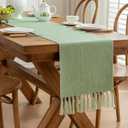 Alsoo Green Table Runners 90 Inches Long, Rustic Small Table Runner with Tassels, Boho Farmhouse Linen Texture Table Decor for Holiday Party and Wedding, 13x90 Inches, Sage Green (13"X90", 6-8 Seats)