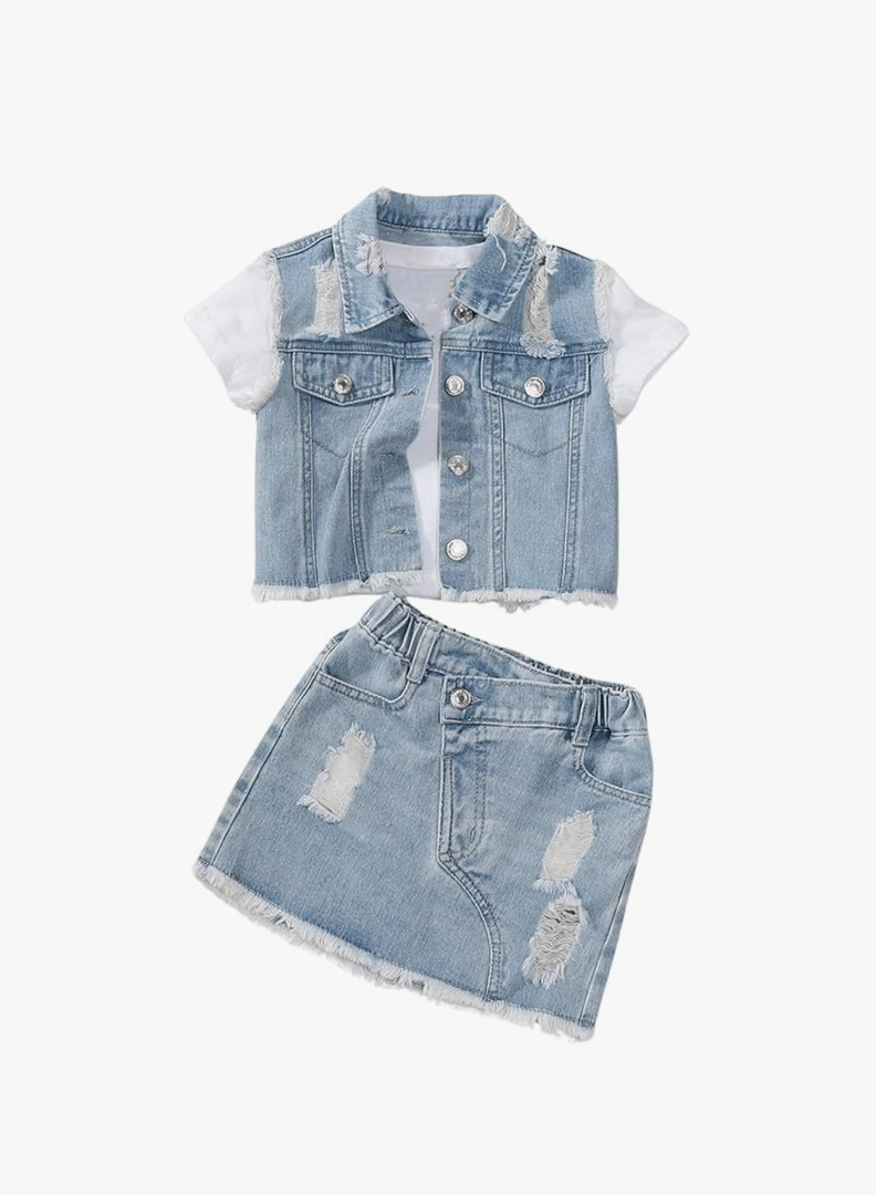 WDIRARA Girl's 2 Piece Outfit Ripped Raw Hem Denim Jacket and Mini Skirt Set, 4 Y