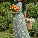 SUZONANA Plus Size Dresses for Women Floral Print Maxi Dress Flowy 3/4 Sleeve with Belt (Green, XXL)