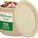 12.5 Inch Compostable Oval Plates [125-Value Pack] - Sustainable and Heavy-Duty Compostable Paper Plates, Natural Sugarcane Bagasse Biodegradable Plate, Natural Brown