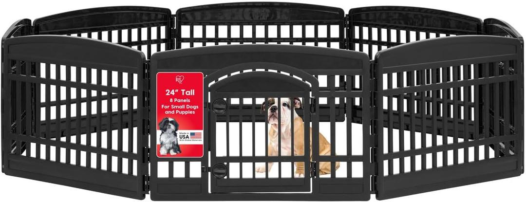 IRIS USA 24" Dog Playpen 8-Panel Pet Exercise Pen with Door Gate 83.5x83.5x24 Puppy Play Pen Indoor Outdoor Plastic Foldable Portable Pet Fence for Small Medium Dogs Puppies Multiple Pets Black