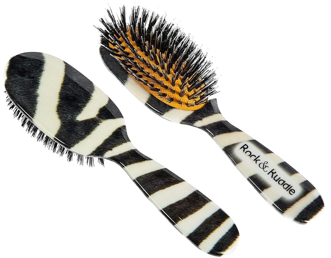 Rock & Ruddle Natural Boar Bristle Hair Brush for Women and Children. Wet or Dry Hair Detangling, Smoothing and Blowdrying. Bring out a Healthy Shine. Zebra Print Design, (Small/Travel Size, 17.5cm)