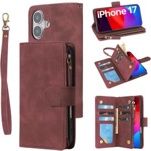 RANYOK Wallet Case Compatible with iPhone 17 Case, with 6 Card Holder RFID Blocking, PU Leather Zipper Flip Wallet Pocket, Kickstand, Wrist Strap | Protective Phone Cover for 17, Wine Red