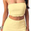 Summer Two Piece Outfits for Women Vacation Going Out Plisse Crop Tops High Waisted Bodycon Mini Skirt Sets (Small, Yellow)