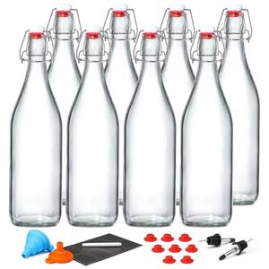 7 Pack [1 L / 33 fl. oz.] Swing Top Glass Bottles w/ Airtight Stopper Lids – Flip Top Brewing Bottle for Fermentation, Kombucha, Mead, Vinegar, Beer, Kefir, Wine, Soda – With 8 Extra Seals & 2 Pourer