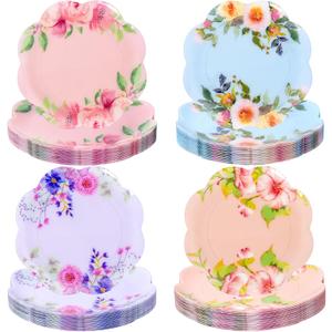 60Pcs Floral Plastic Plates - 7.5inch Dessert Plate Disposable - Heavy Duty Tea Party Plates - Premium Flower Plate Decorations for Birthday Baby Shower Wedding Party Supplies
