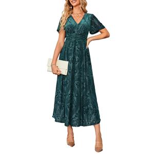Simplee Women’s V Neck Velvet Maxi Dress Short Sleeve Empire Waist Long Formal Dress for Wedding Guest XL