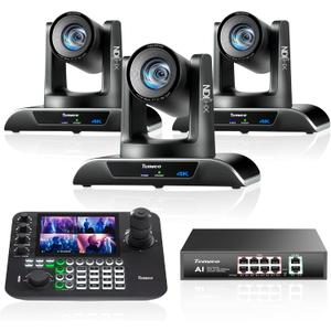 Tenveo 4K 20X NDI PTZ Camera with AI Humanoid & Face Auto-Tracking HDMI/USB3.0/LAN(PoE) (3pcs) and 7’’ LCD Quad-Screen NDI PTZ Joystick Controller and 8 Port PoE Switch Bundle/Kit for Live Production