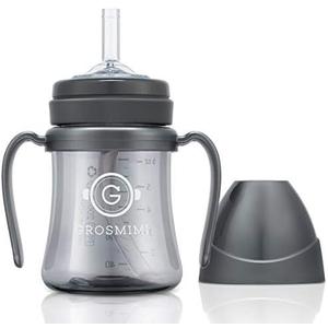 GROSMIMI Spill Proof no Spill Magic Sippy Cup with Straw with Handle for Baby and Toddlers, Customizable, PPSU, BPA Free 6 oz (Charcoal)