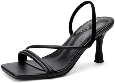 Goderci Kitten Strappy Heels for Women Square Open Toe Ankle Strap Heeled Sandals Dressy Wedding Shoes, Black, Size 8