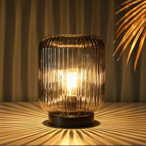 Battery Operated Lamp, Cordless Table Lamps for Home Decor, Battery Powered Nightlight with LED Bulb, Decorative Glass Beside Lamp for Bedroom Living Room-Grey (Gray)