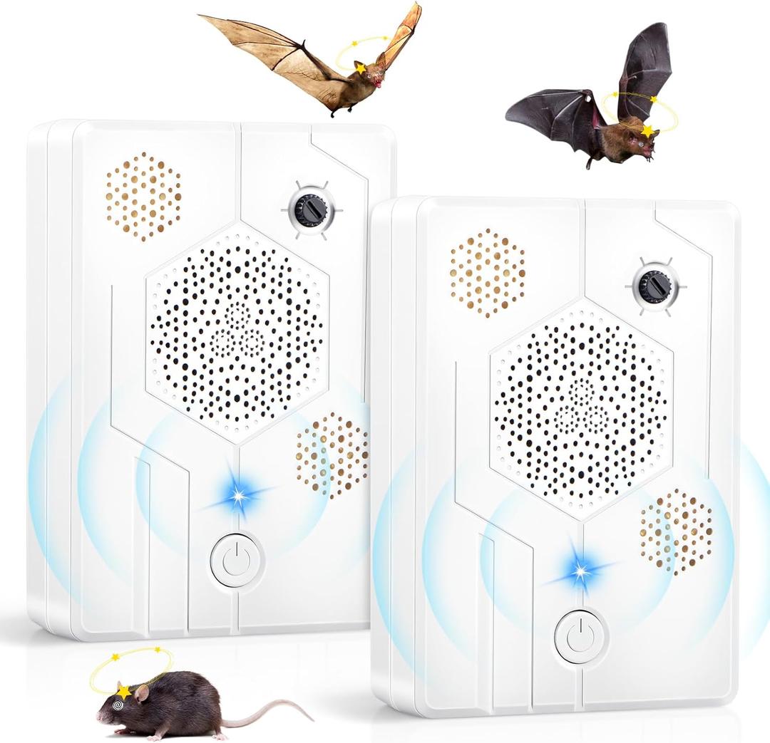 2026 Upgraded Ultrasonic Bat Deterrent for Attic & Roof, Portable Rechargeable Bat Repellent for House Eaves, Safe Electronic Pest Control to Keep Bats Away from Porch & Indoor, 2 Pack
