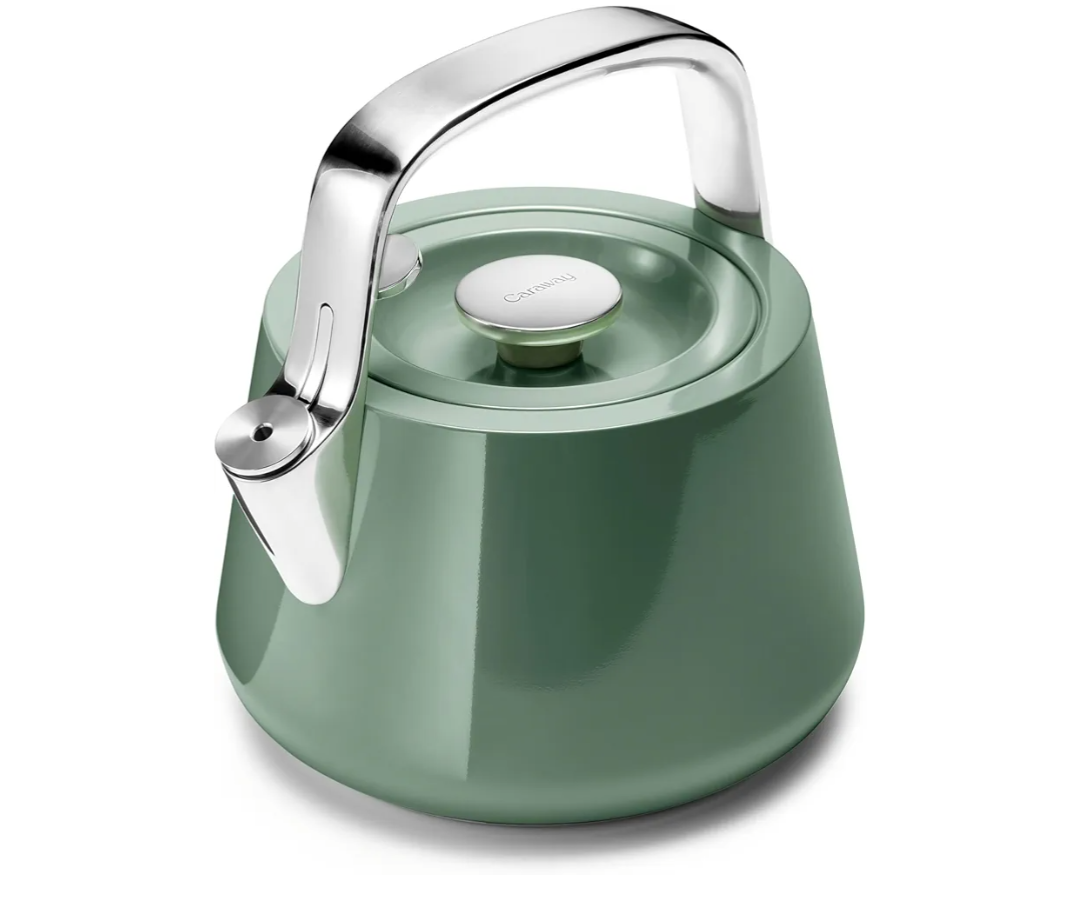 Caraway 2 Quart Whistling Tea Kettle - Durable Stainless Steel Tea Pot - Fast Boiling, Stovetop Agnostic - Non-Toxic, PTFE & PFOA Free - Includes Pot Holder - Sage