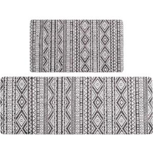 FRESHMINT Anti Fatigue Kitchen Mats for Floor 2 Piece Set, Waterproof & Non-Skid Boho Kitchen Rugs, Cushioned Kitchen Mat for Standing Washable Comfort Desk Kitchen Runners, 17x30+17x47 (Washed Black)